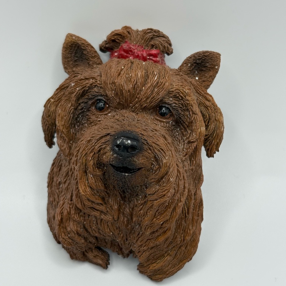 Brown Yorkshire Yorkie Terrier Dog Head With Red Bow Rubber Fridge Magnet 3”